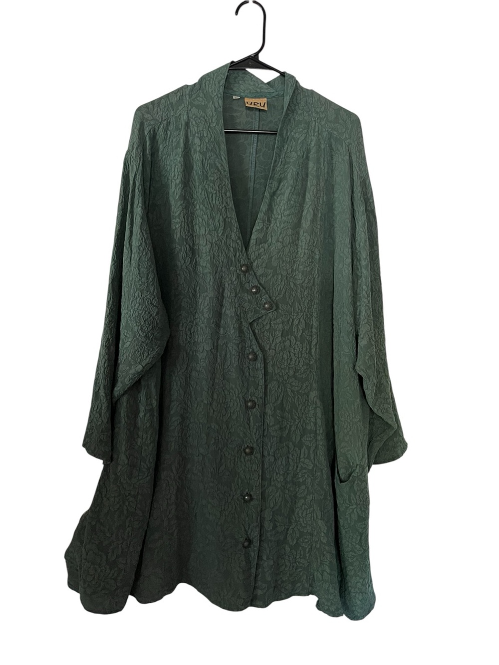 URU szXL Vintage-Style Textured 100% Silk Dark Green Button Front Dress/Duster